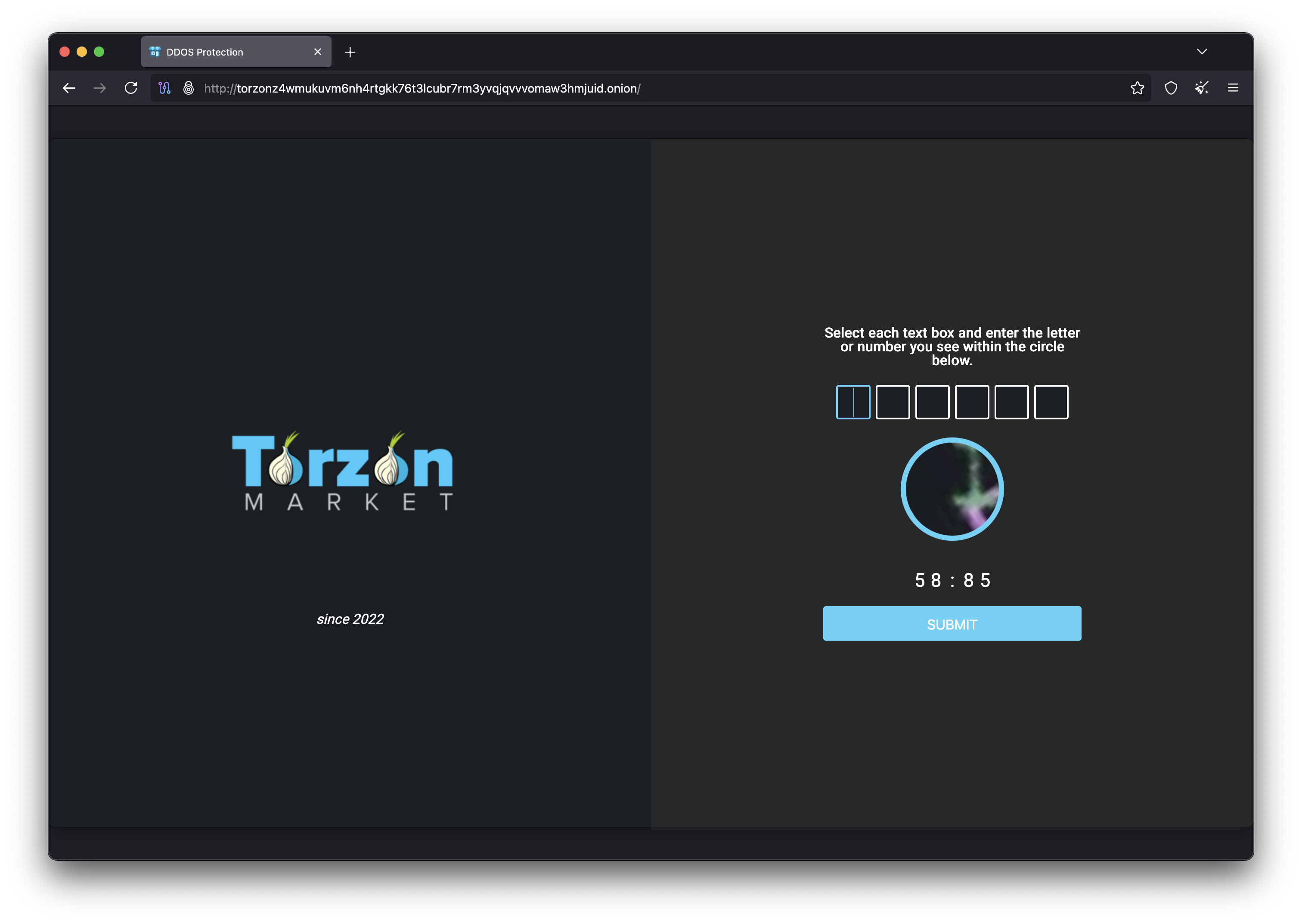Torzon Market DDOS Protection - Captcha security system