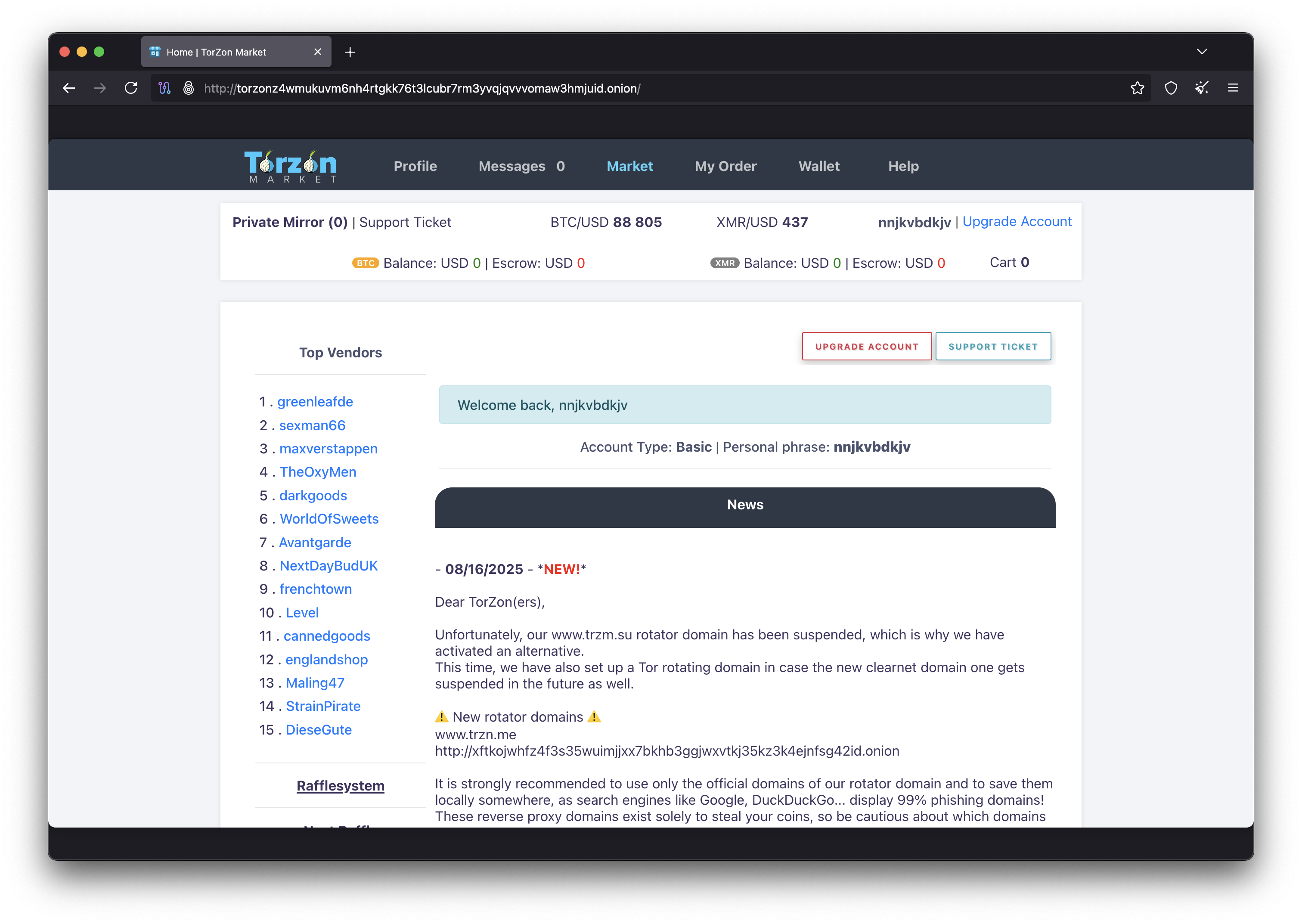 Torzon Market Main Dashboard - Top vendors and marketplace overview