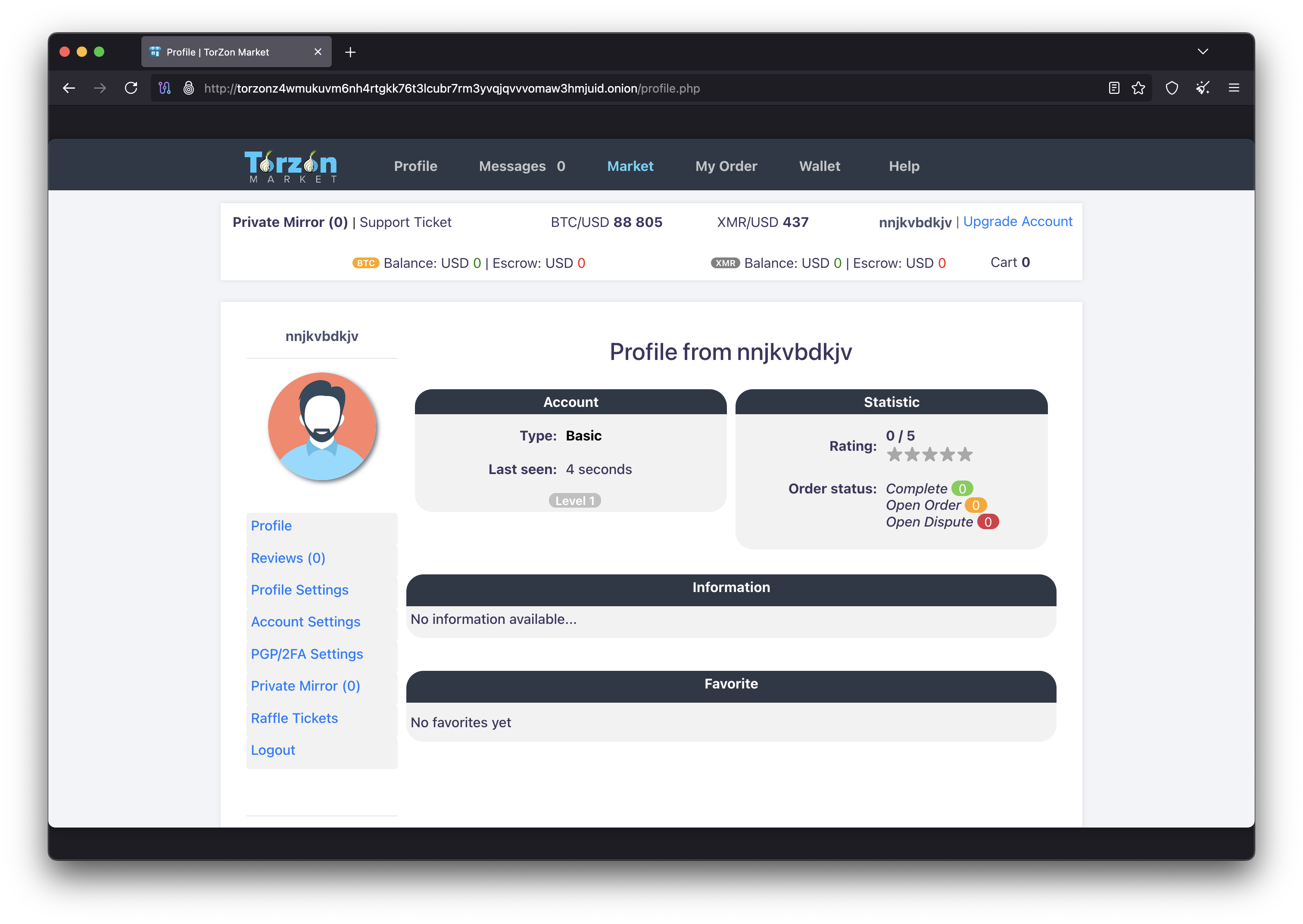 Torzon Market User Profile - Account management